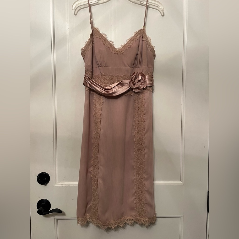 Tan/cream/beige size 8 lace sheer dress, rose belt. Lingerie looking dress